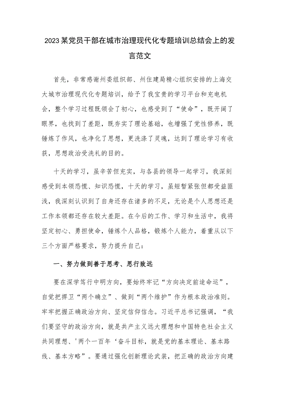 2023某党员干部在城市治理现代化专题培训总结会上的发言范文.docx_第1页