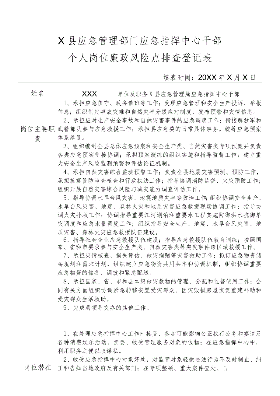 某县应急管理部门应急指挥中心干部个人岗位廉政风险点排查登记表.docx_第1页