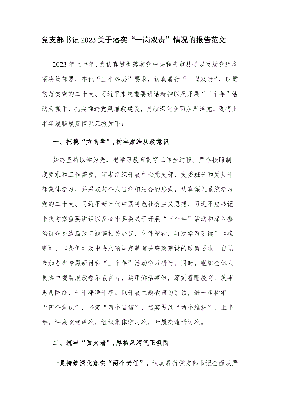 党支部书记2023关于落实“一岗双责”情况的报告范文.docx_第1页