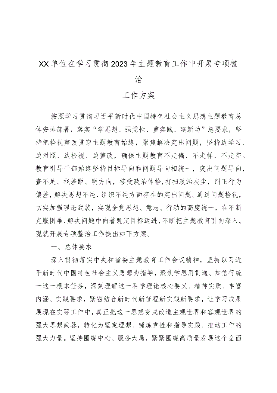 XX单位在学习贯彻2023年主题教育工作中开展专项整治工作方案.docx_第1页