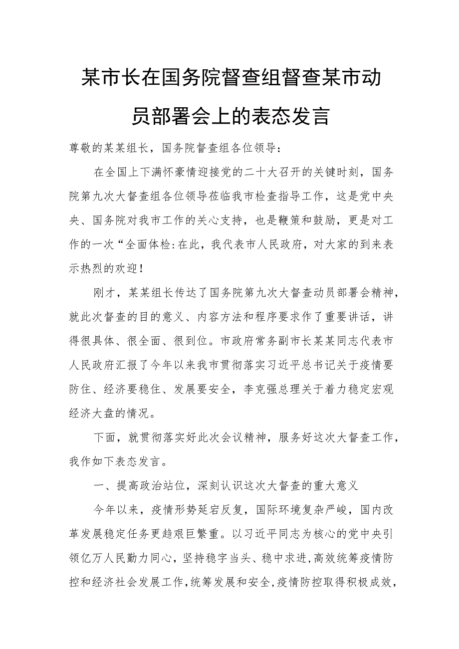 某市长在国务院督查组督查某市动员部署会上的表态发言.docx_第1页