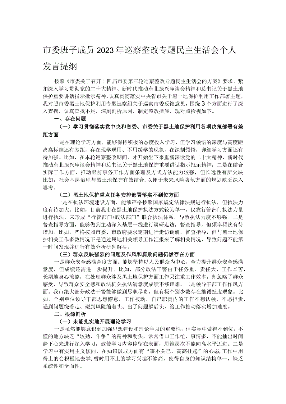 市委班子成员2023年巡察整改专题民主生活会个人发言提纲 .docx_第1页