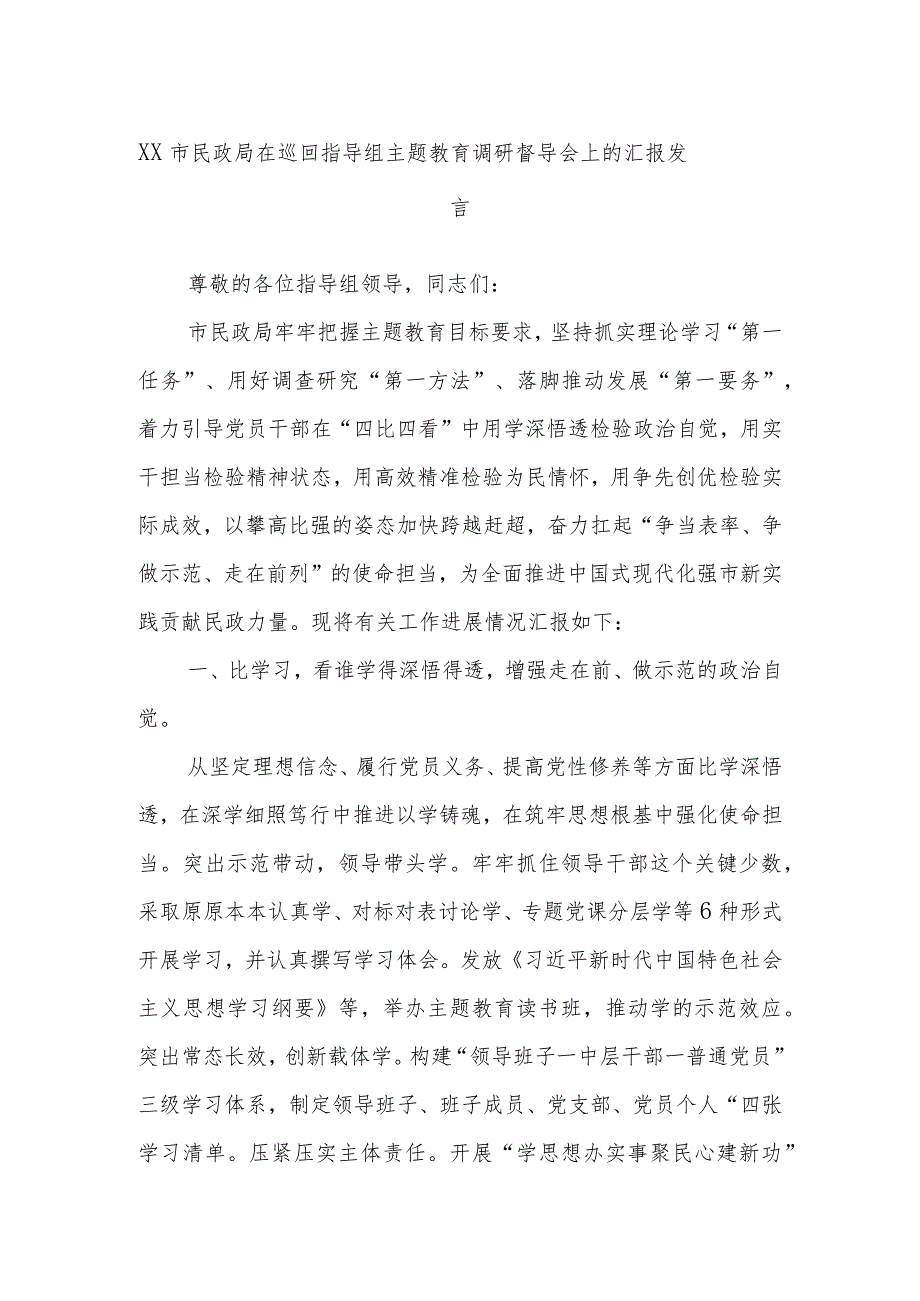 XX市民政局在巡回指导组主题教育调研督导会上的汇报发言.docx_第1页