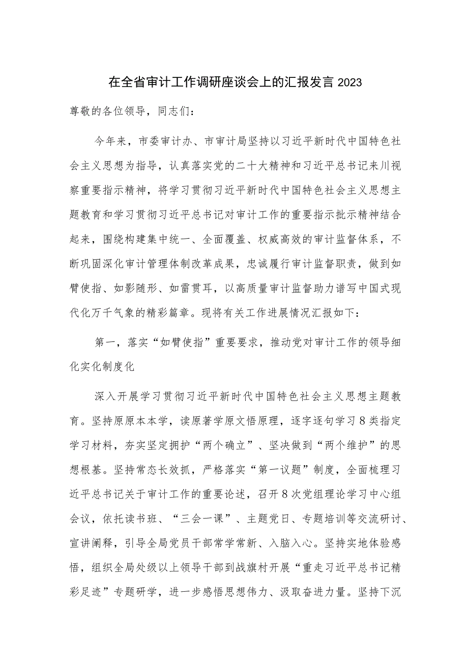 在全省审计工作调研座谈会上的汇报发言2023.docx_第1页