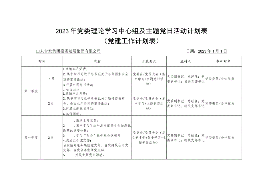 集团公司2023年党委理论学习中心组及主题党日活动计划表.docx_第1页