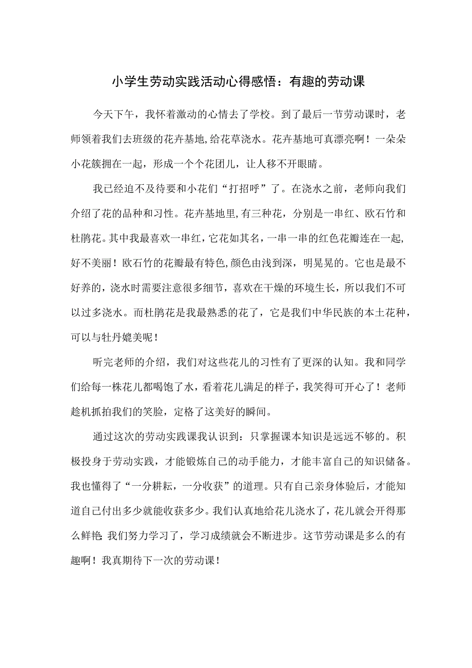 小学生劳动实践活动心得感悟：有趣的劳动课.docx_第1页