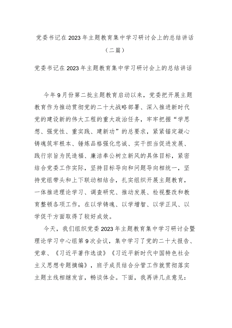 党委书记在2023年主题教育集中学习研讨会上的总结讲话(二篇).docx_第1页