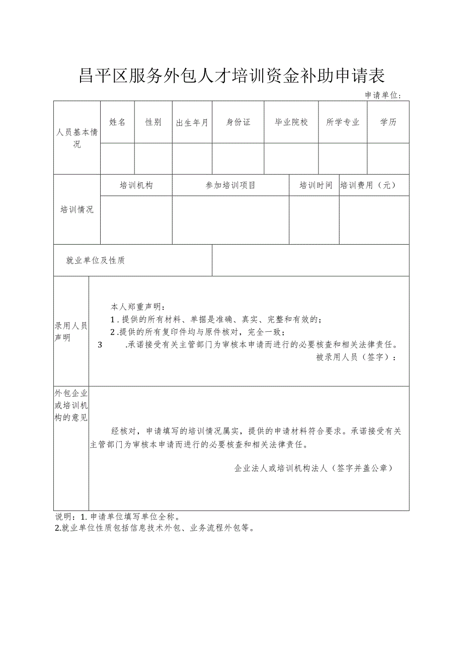 昌平区服务外包人才培训资金补助申请表（2013年）.docx_第1页