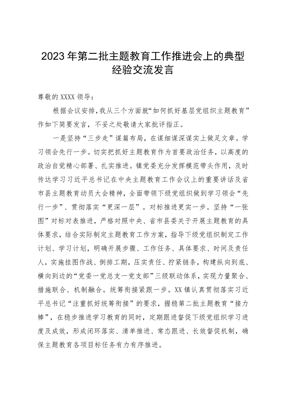 在第二批主题教育工作推进会上的典型经验交流发言.docx_第1页