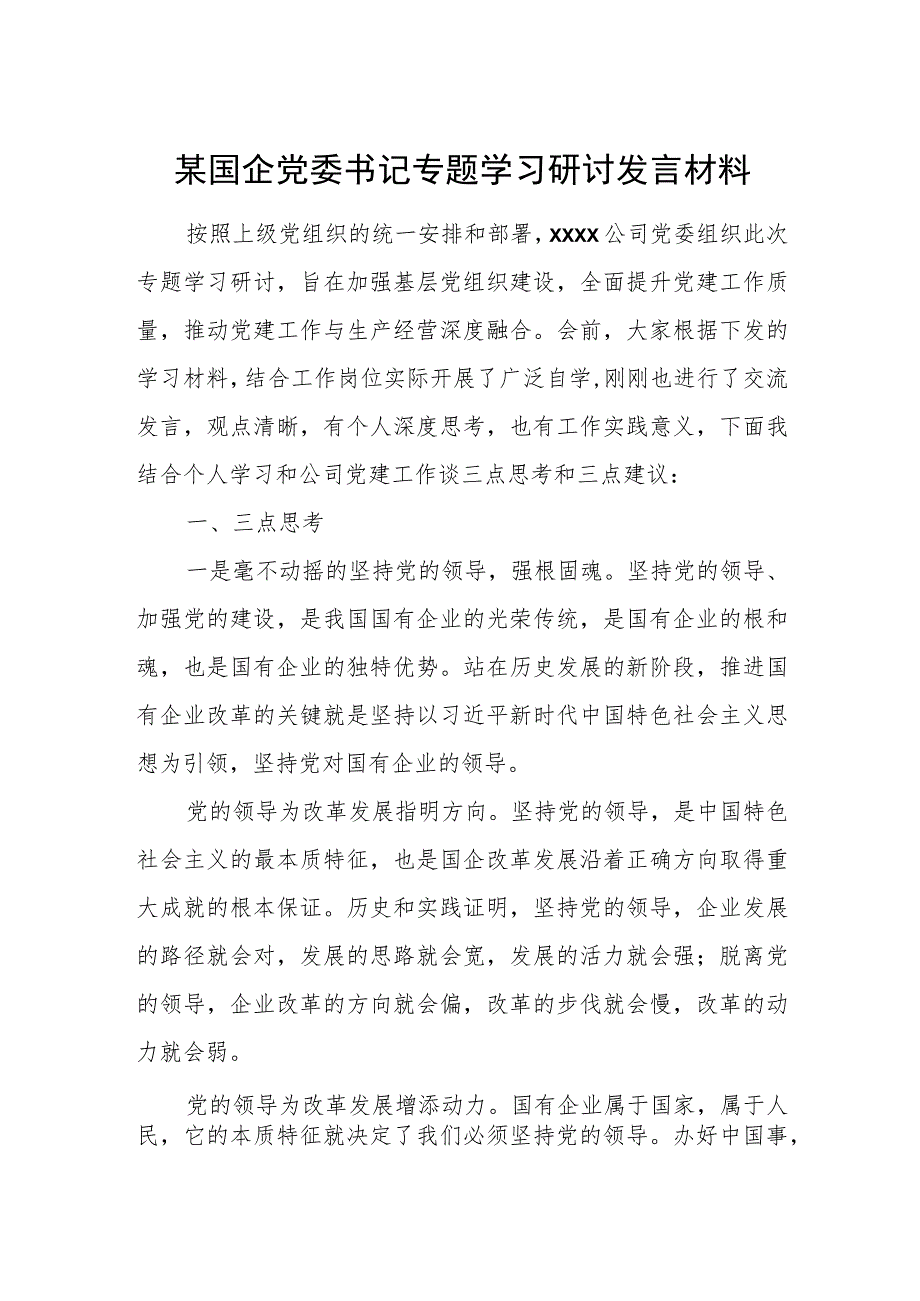 某国企党委书记专题学习研讨发言材料.docx_第1页