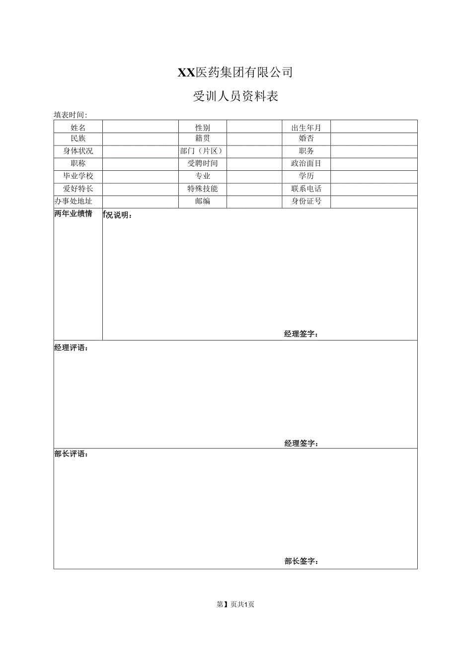 XX医药集团有限公司受训人员资料表（2023年）.docx_第1页