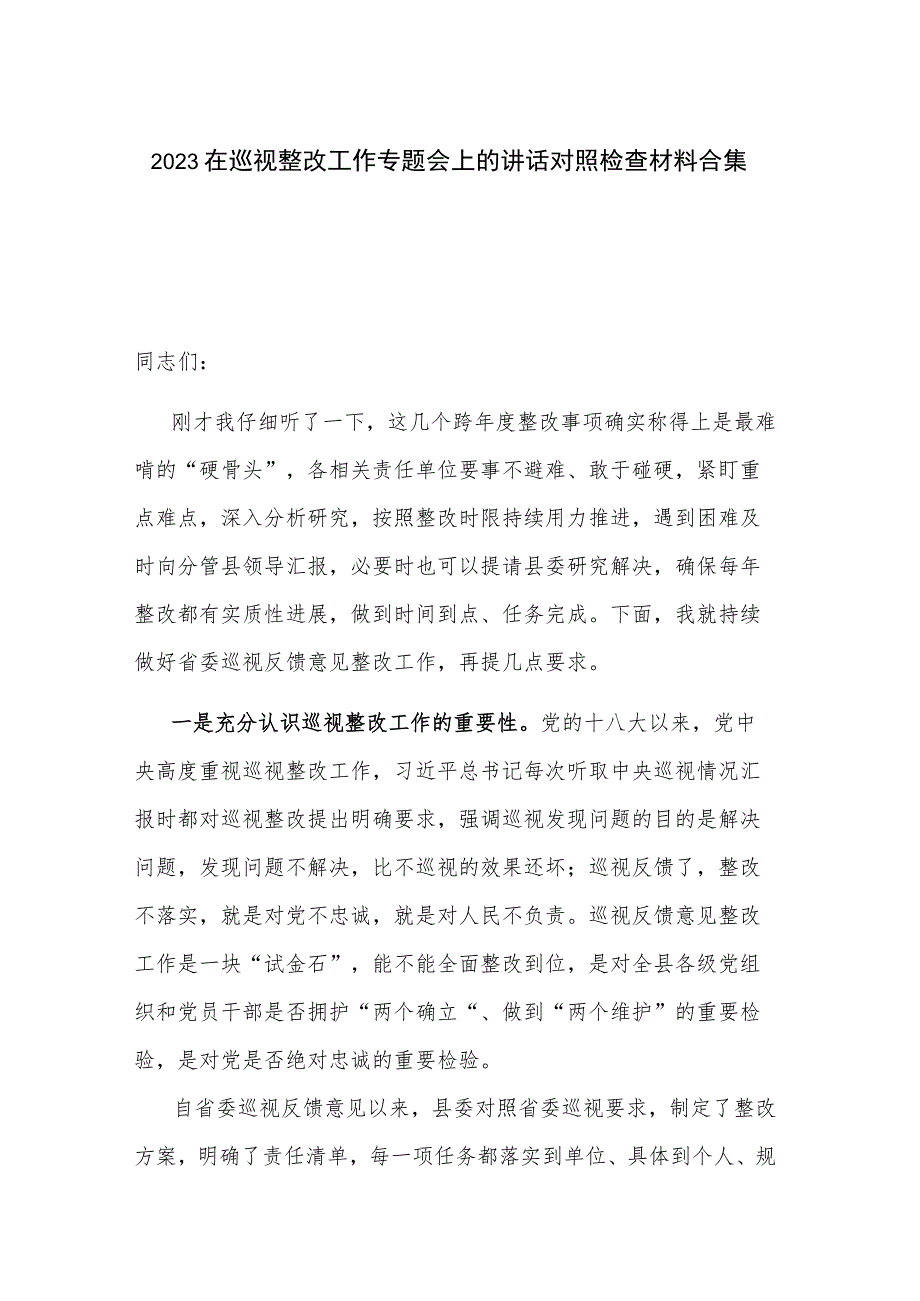 2023在巡视整改工作专题会上的讲话对照检查材料合集.docx_第1页