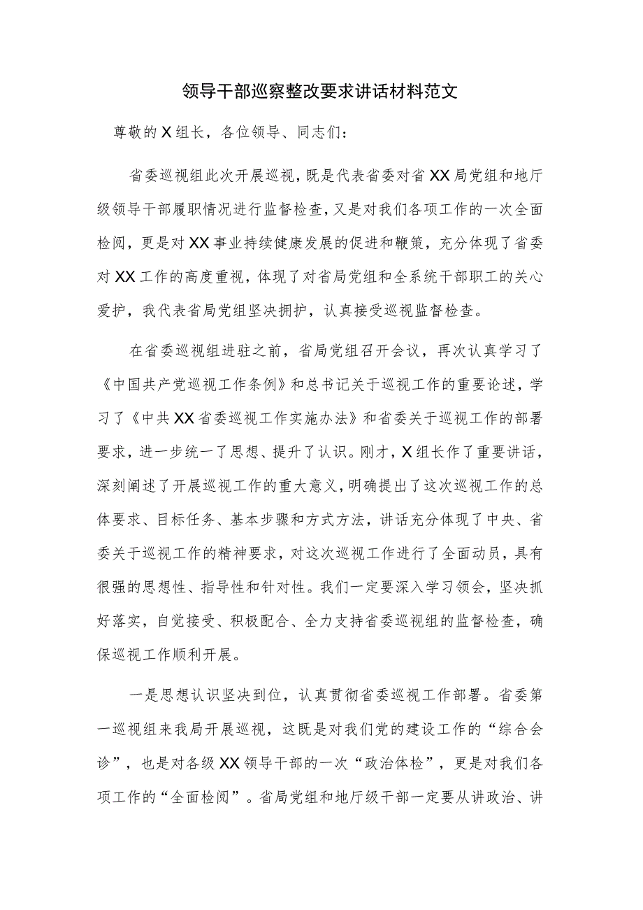 领导干部巡察整改要求讲话材料范文.docx_第1页