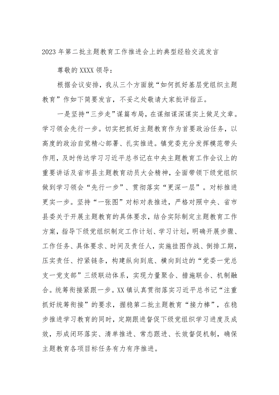 2023年第二批主题教育工作推进会上的典型经验交流发言.docx_第1页