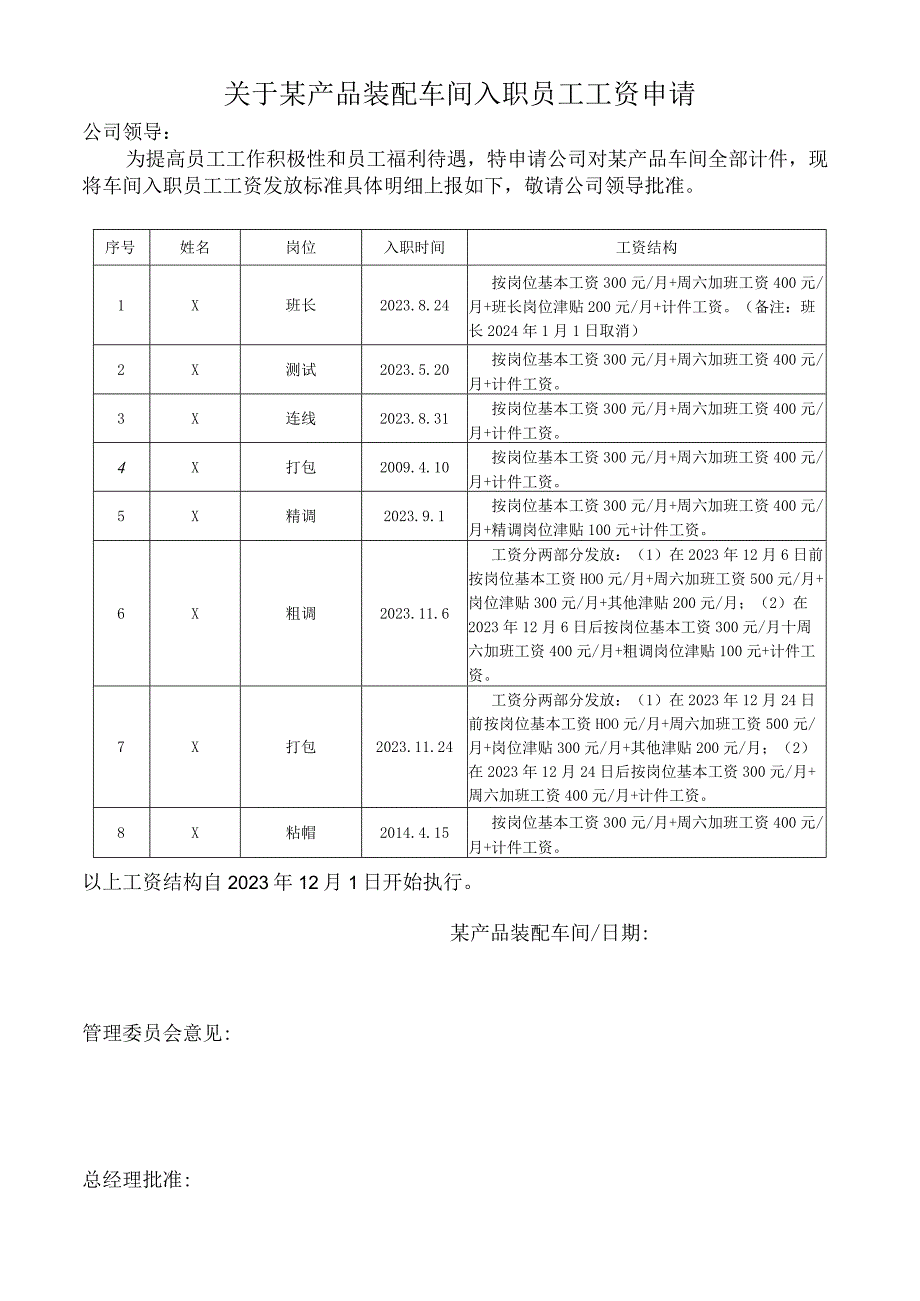 关于某产品装配车间入职员工工资申请.docx_第1页