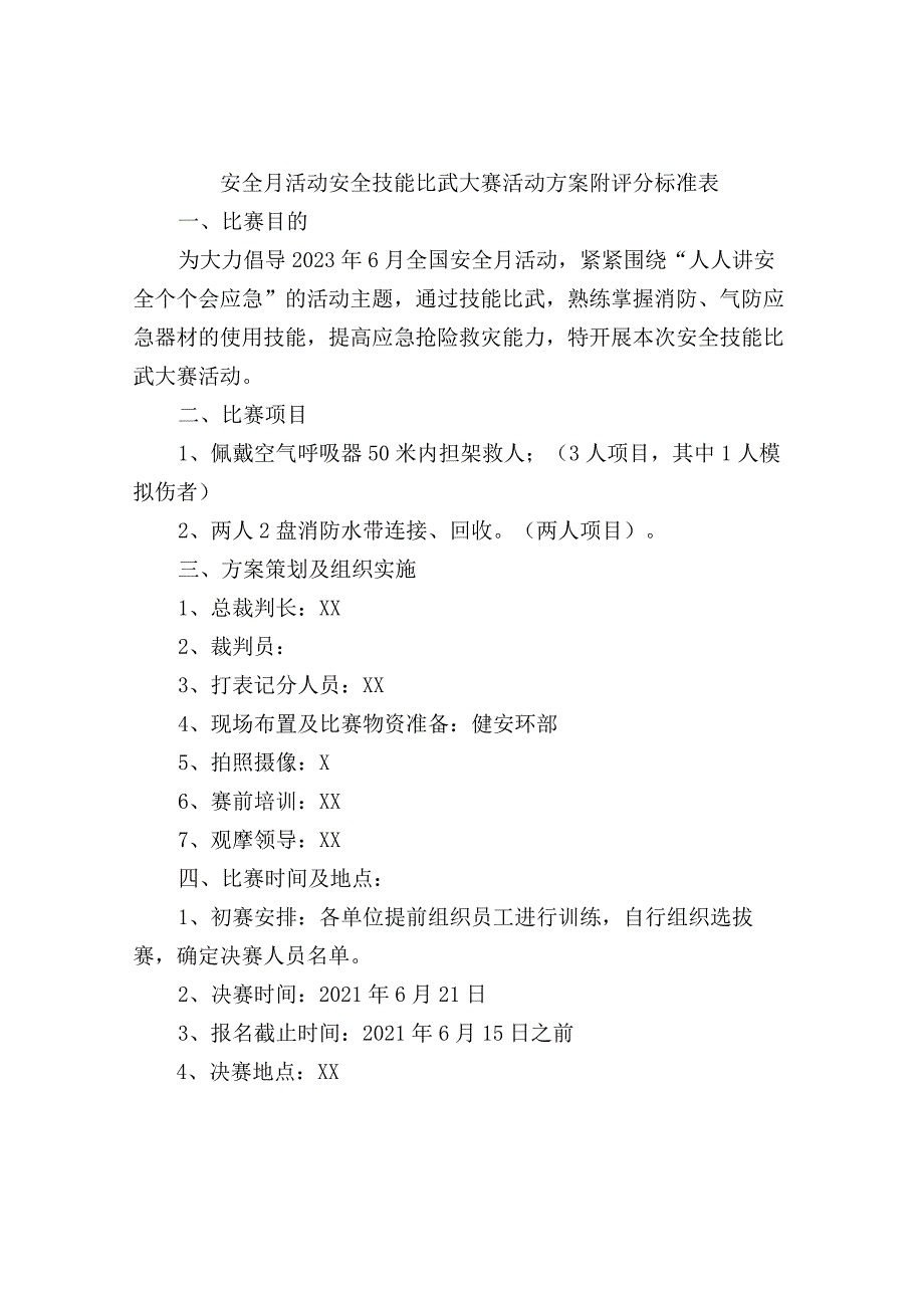 安全月活动安全技能比武大赛活动方案附评分标准表.docx_第1页