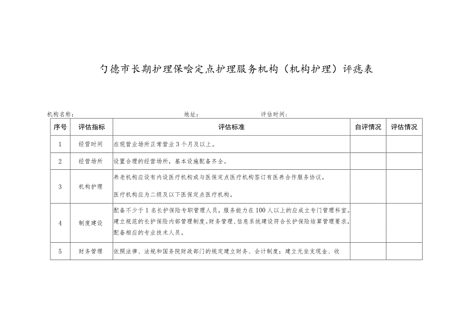 宁波市长期护理保险定点护理服务机构机构护理评估表.docx_第1页