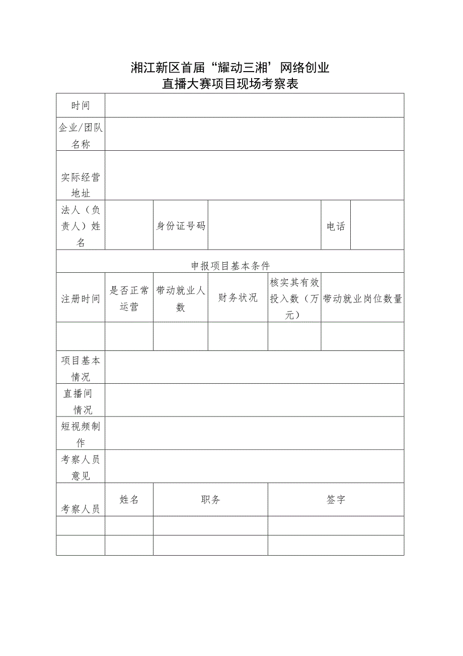 湘江新区首届“耀动三湘”网络创业直播大赛项目现场考察表.docx_第1页