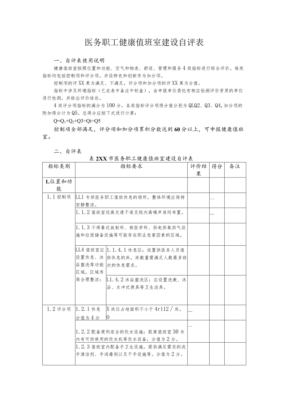 医务职工健康值班室建设自评表.docx_第1页