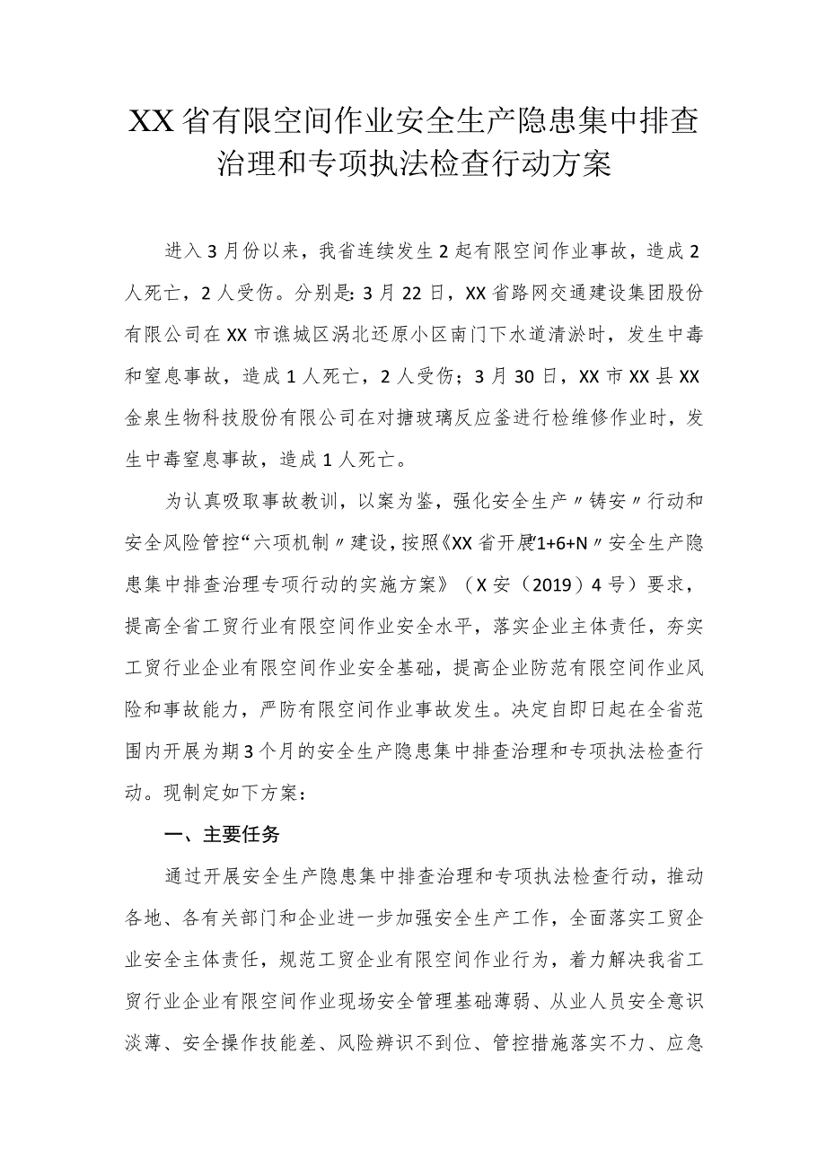 有限空间作业安全生产隐患集中排查治理和专项执法检查行动方案.docx_第1页