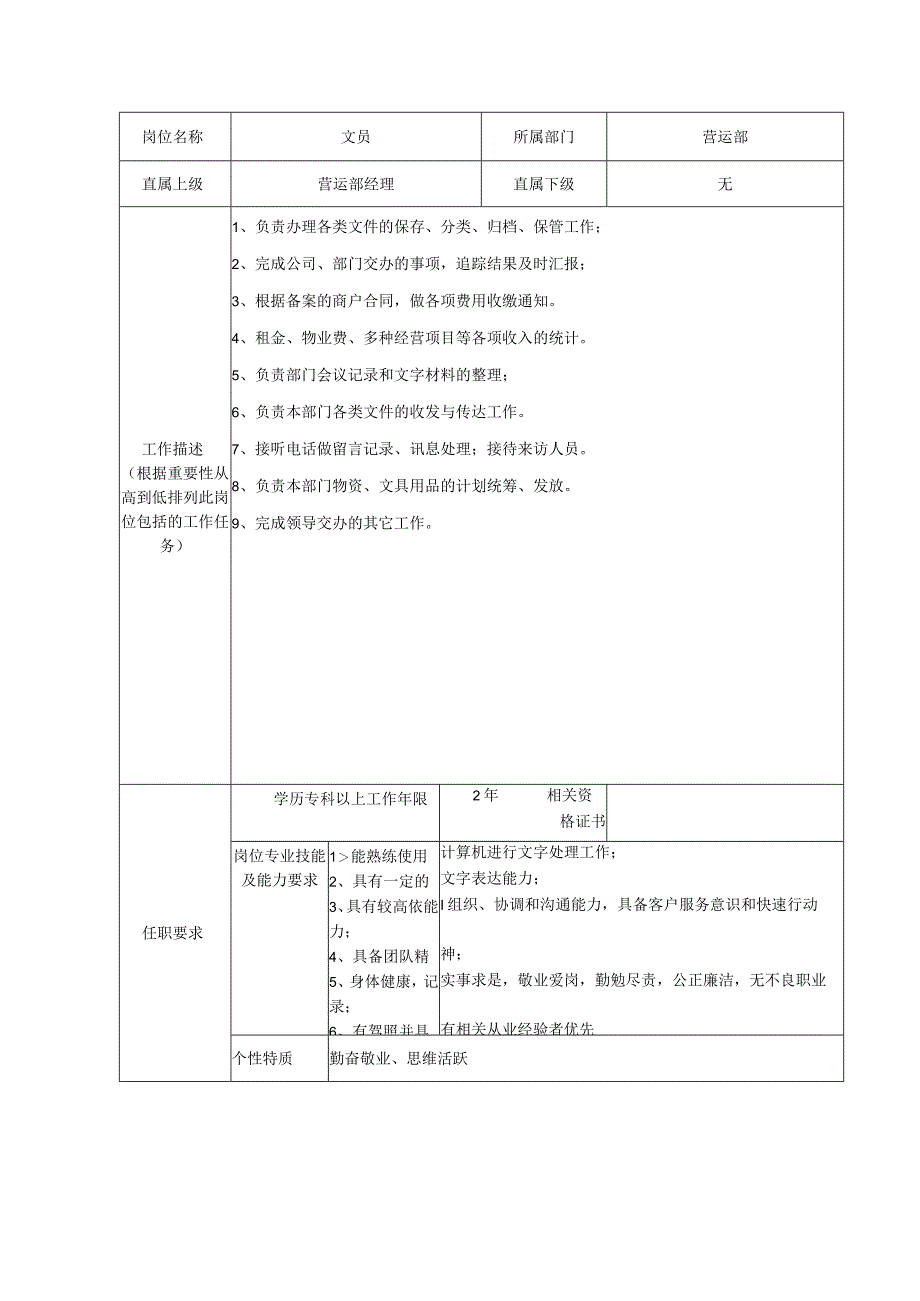 商业广场管理文员岗位说明书.docx_第1页