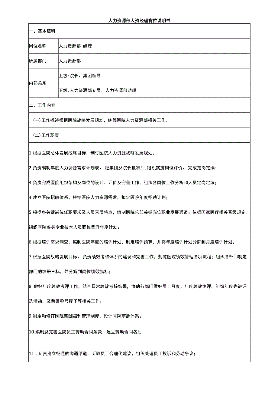 医院人力资源部人资经理岗位说明书.docx_第1页