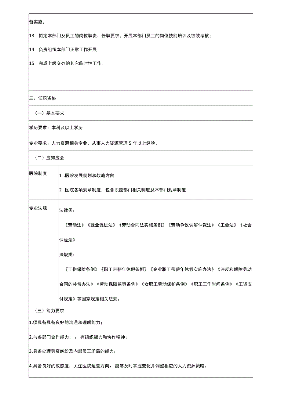 医院人力资源部人资经理岗位说明书.docx_第2页