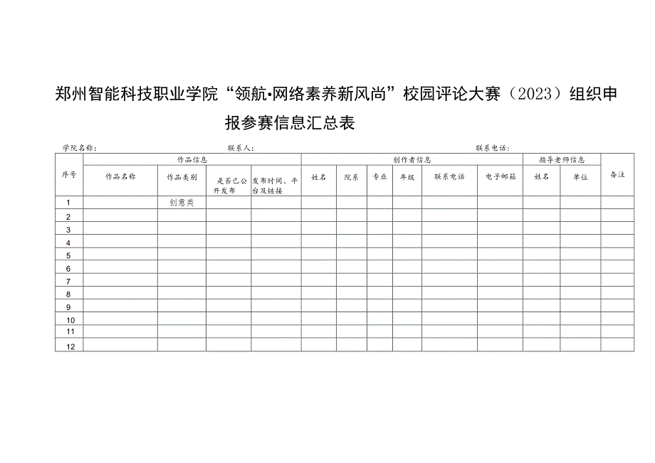 郑州智能科技职业学院“领航网络素养新风尚”校园评论大赛2023组织申报参赛信息汇总表.docx_第1页