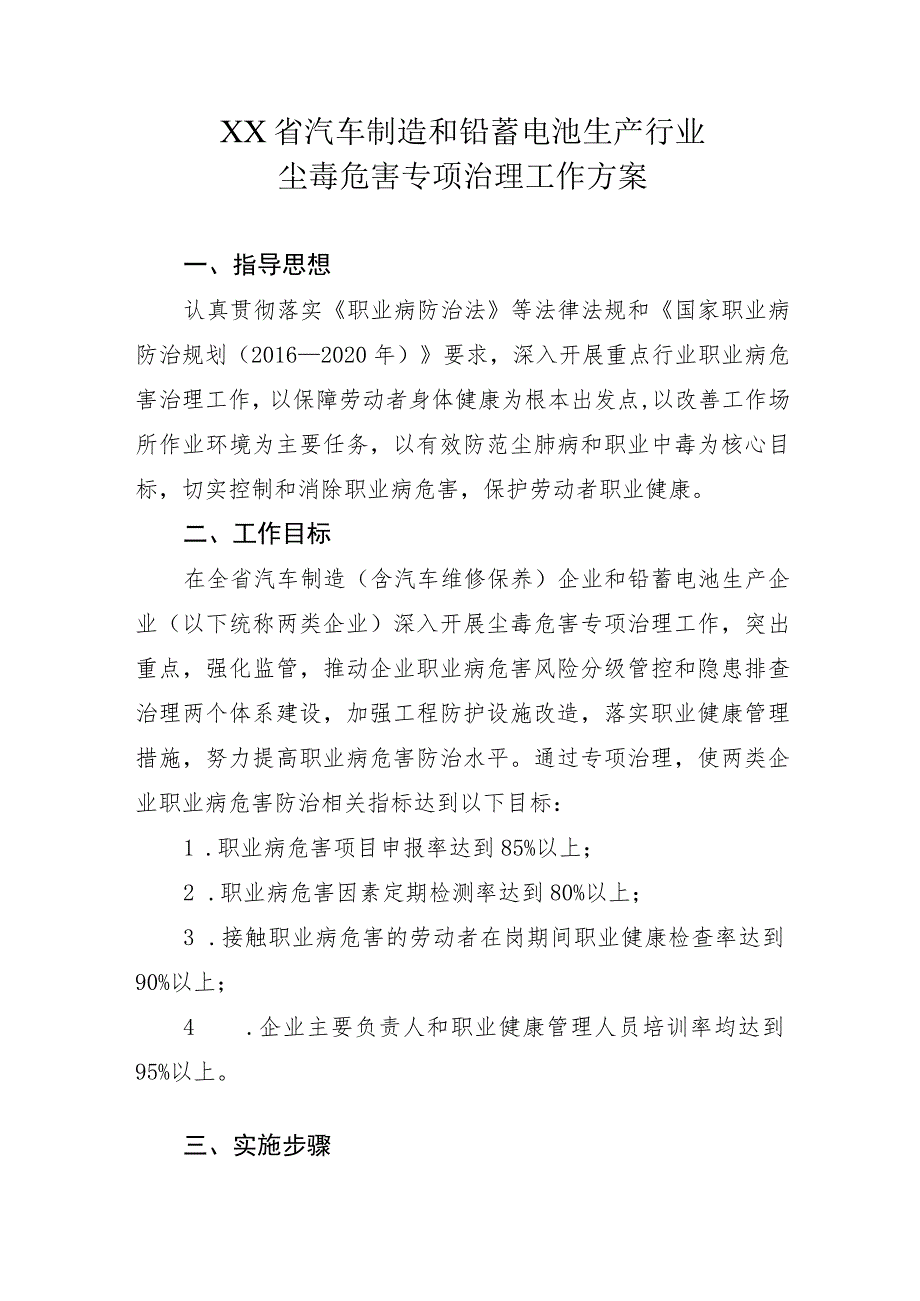 汽车制造和蓄电池生产行业尘毒危害专项治理工作方案.docx_第1页