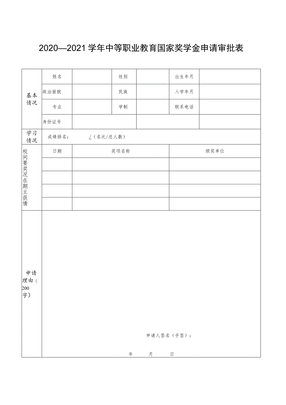 2020—2021学年国家奖学金申请审批表（中等职业学校）.docx_第1页