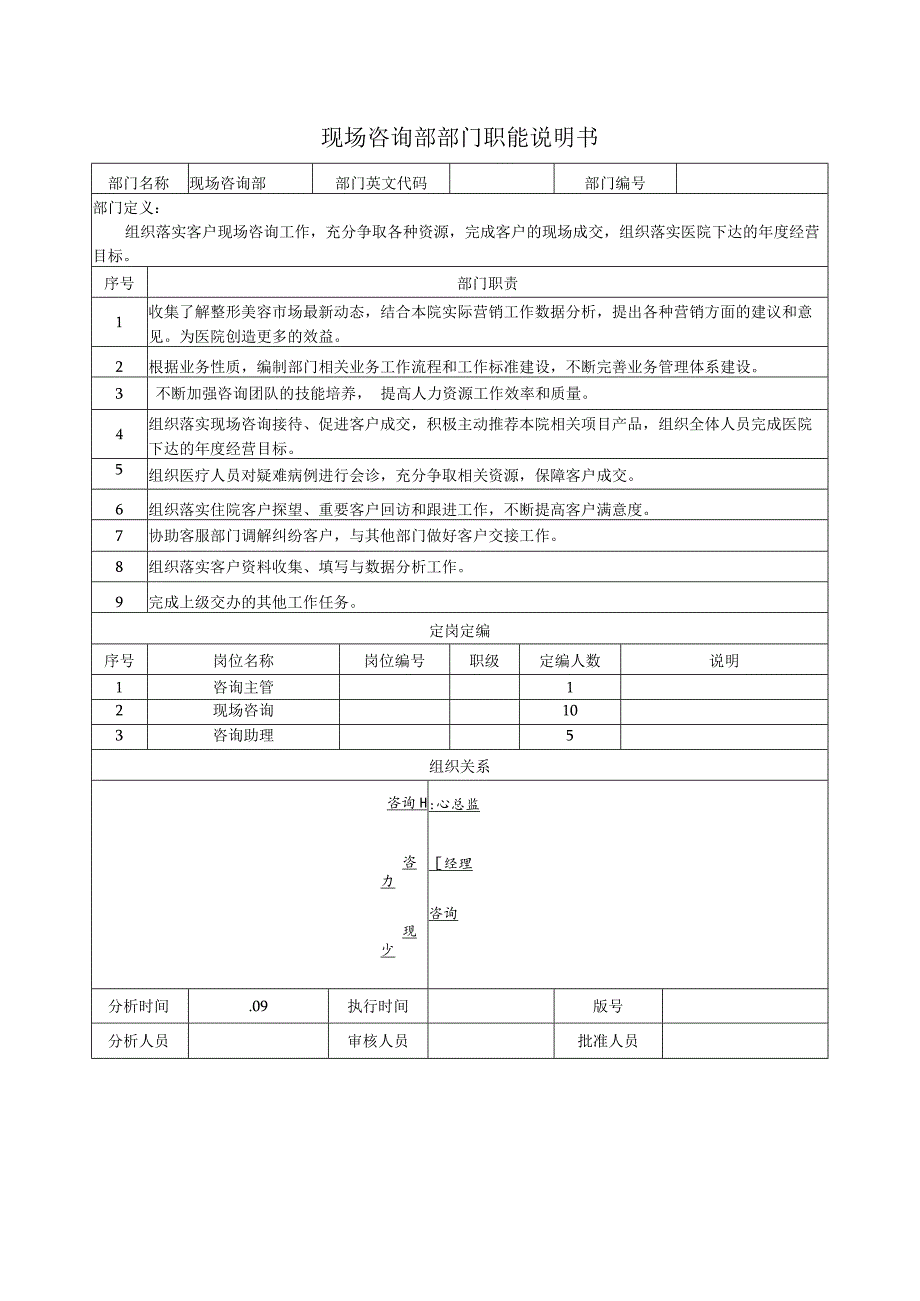 医美现场咨询部部门职能说明书.docx_第1页