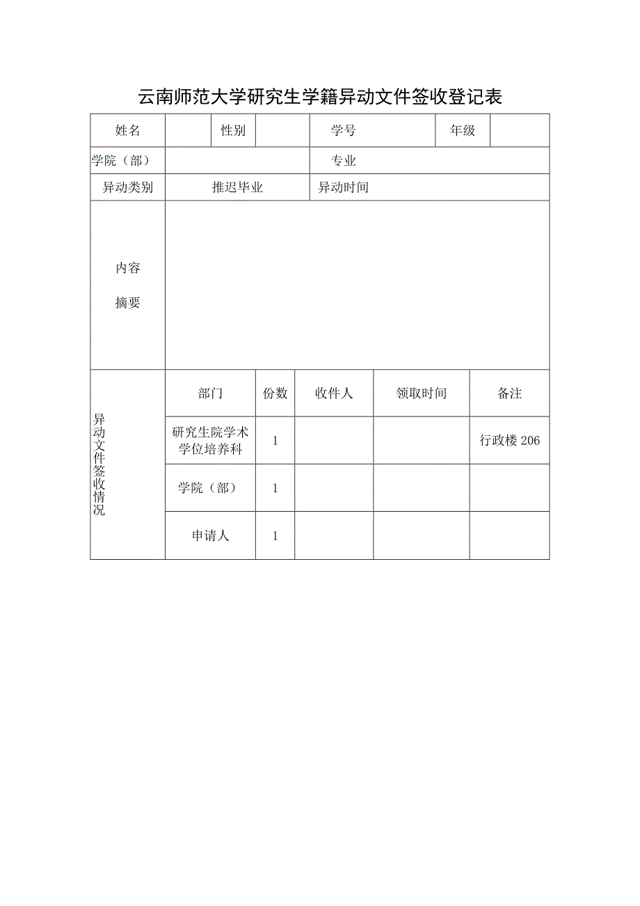 云南师范大学研究生学籍异动文件签收登记表（推迟毕业）.docx_第1页