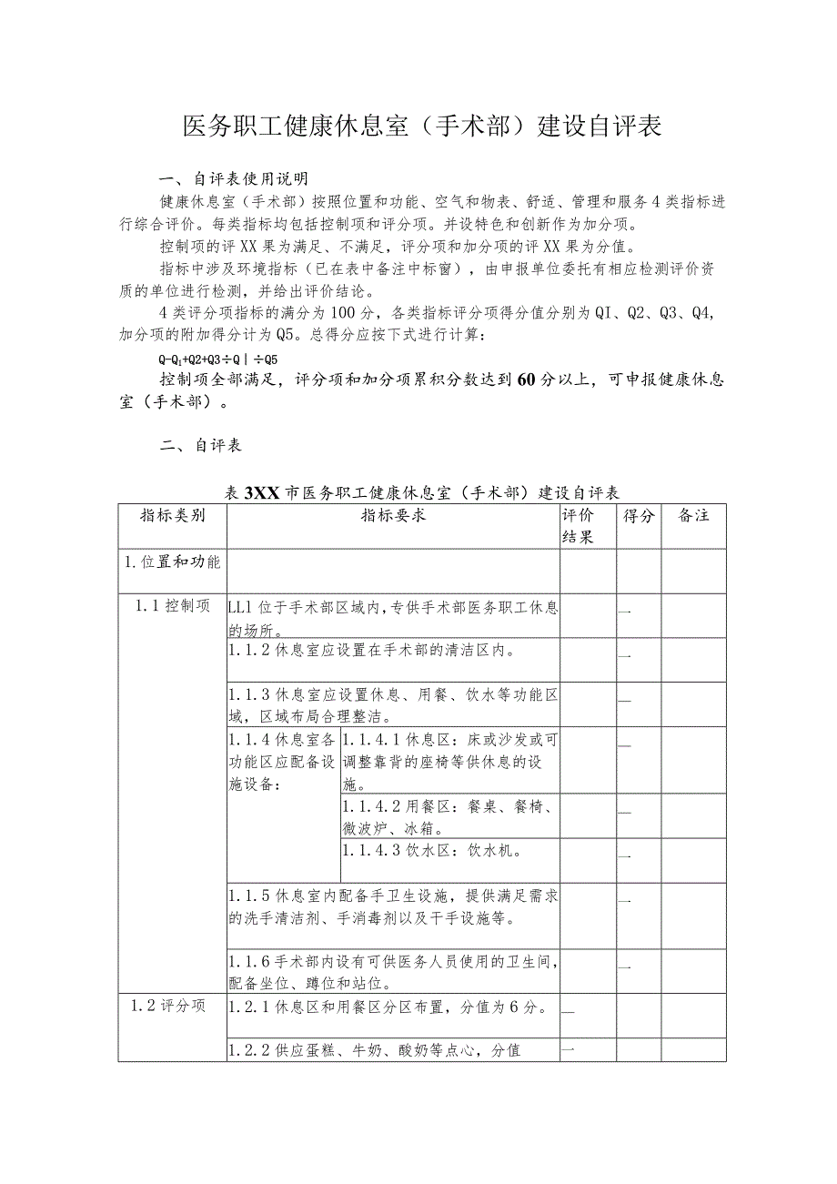 医务职工健康休息室（手术部）建设自评表.docx_第1页