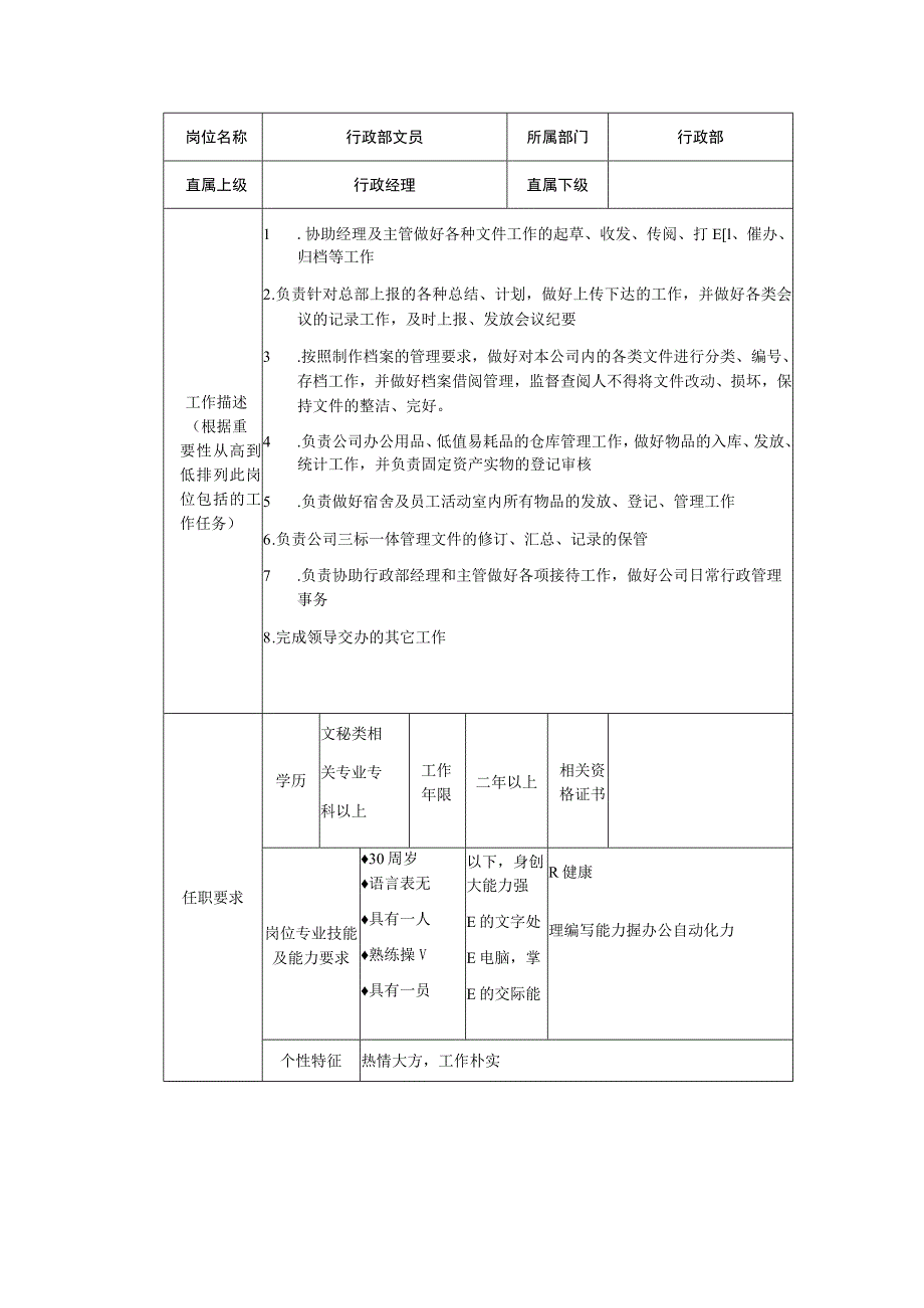 商业广场管理行政部文员岗位说明书.docx_第1页