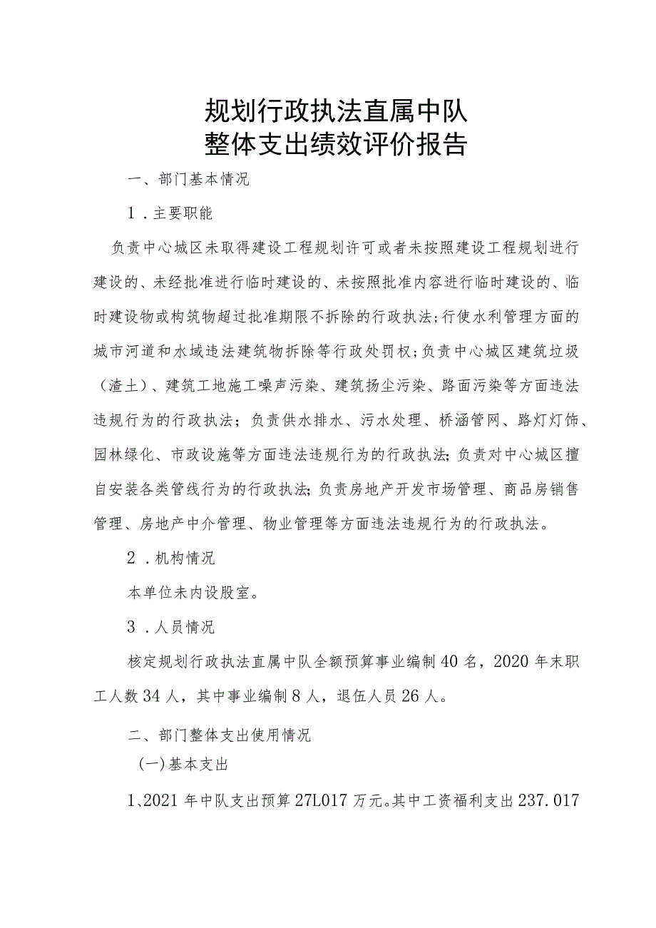 规划行政执法直属中队整体支出绩效评价报告.docx_第1页