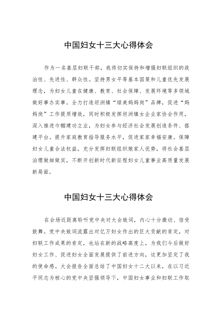 妇女干部学习中国妇女第十三次全国代表大会精神心得体会发言材料(18篇).docx_第1页