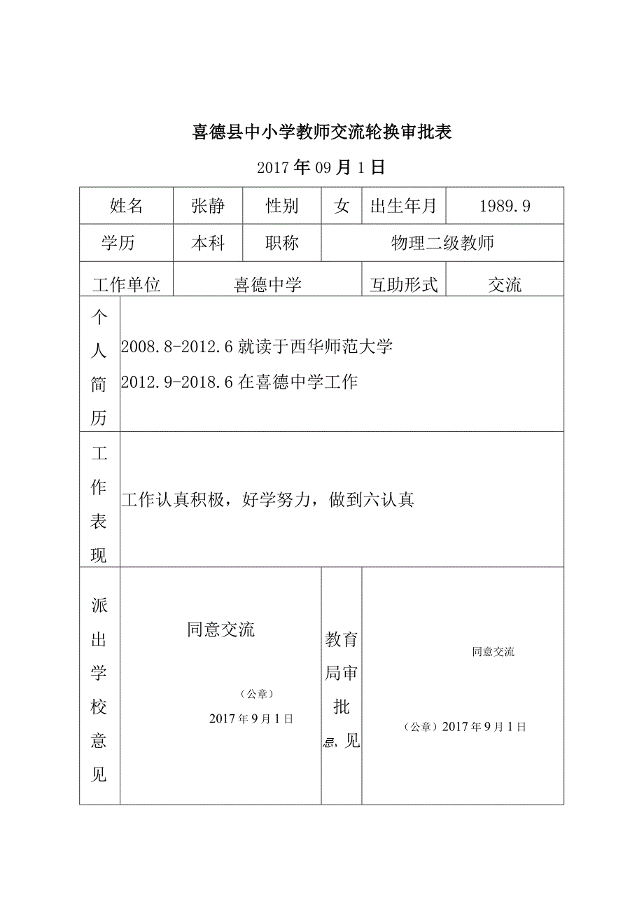 喜德县中小学教师交流轮换审批表.docx_第1页