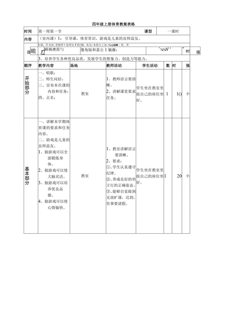 四年级上册小学体育教案表格.docx_第1页