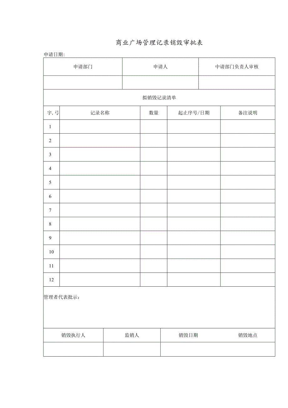 商业广场管理记录销毁审批表.docx_第1页