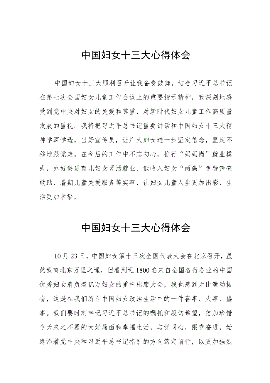 妇女干部学习中国妇女第十三次全国代表大会精神心得体会发言稿26篇.docx_第1页