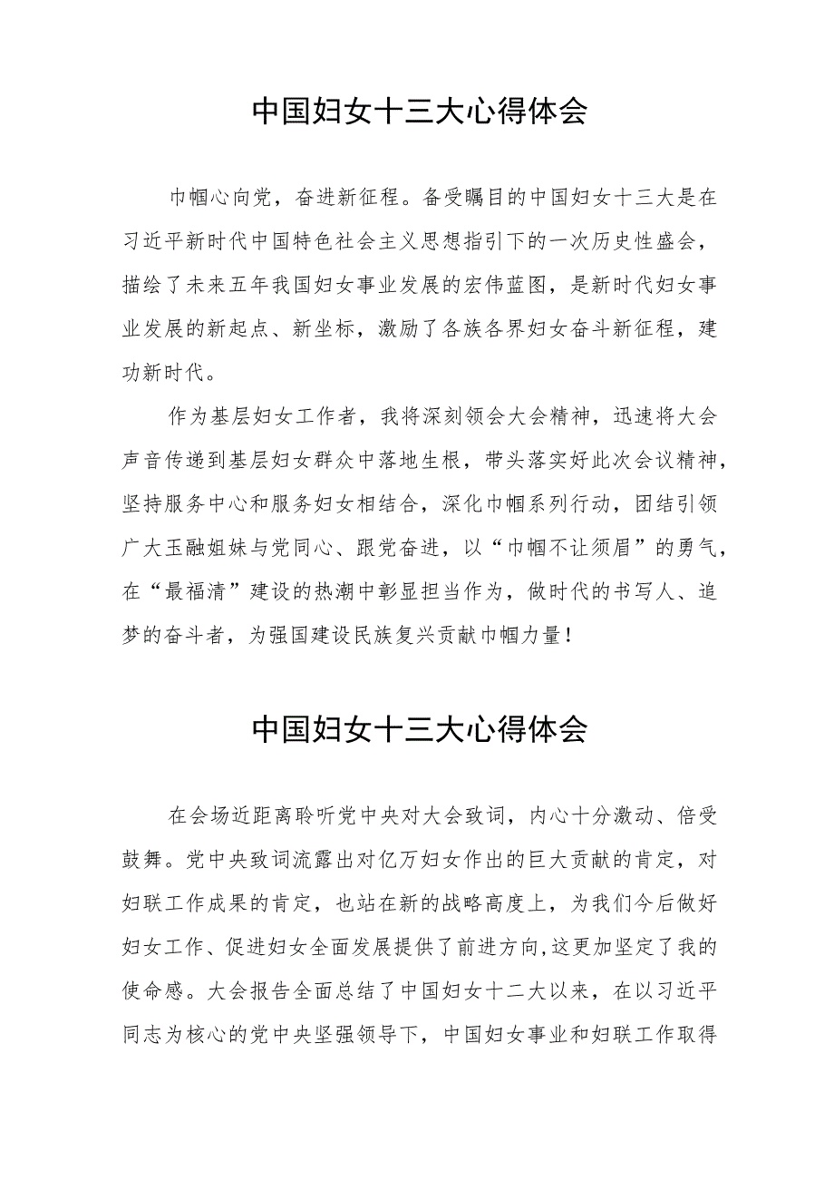 妇女干部学习中国妇女第十三次全国代表大会精神心得体会发言稿26篇.docx_第3页