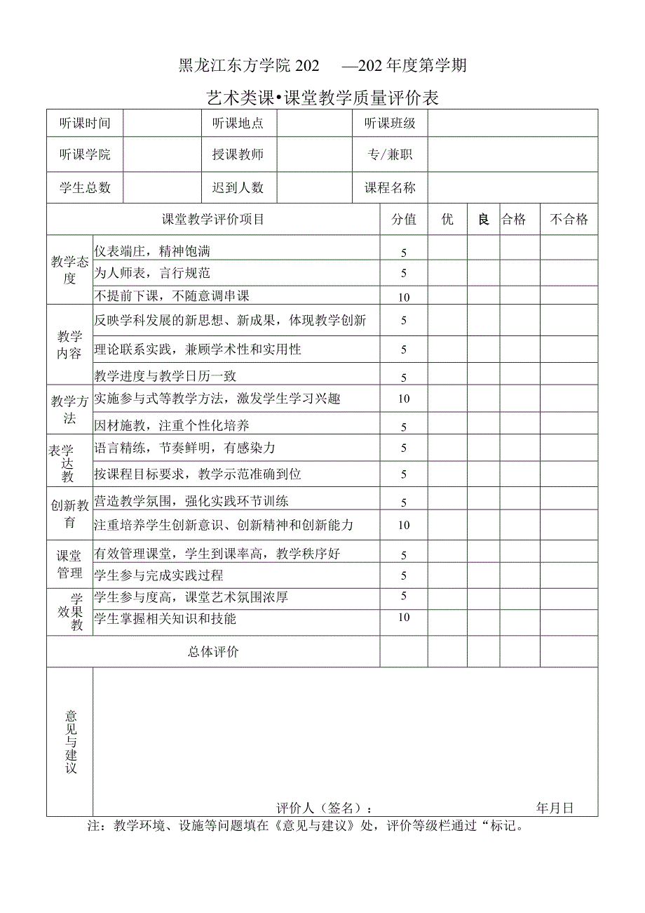 黑龙江东方学院202—202年度第学期艺术类课-课堂教学质量评价表.docx_第1页