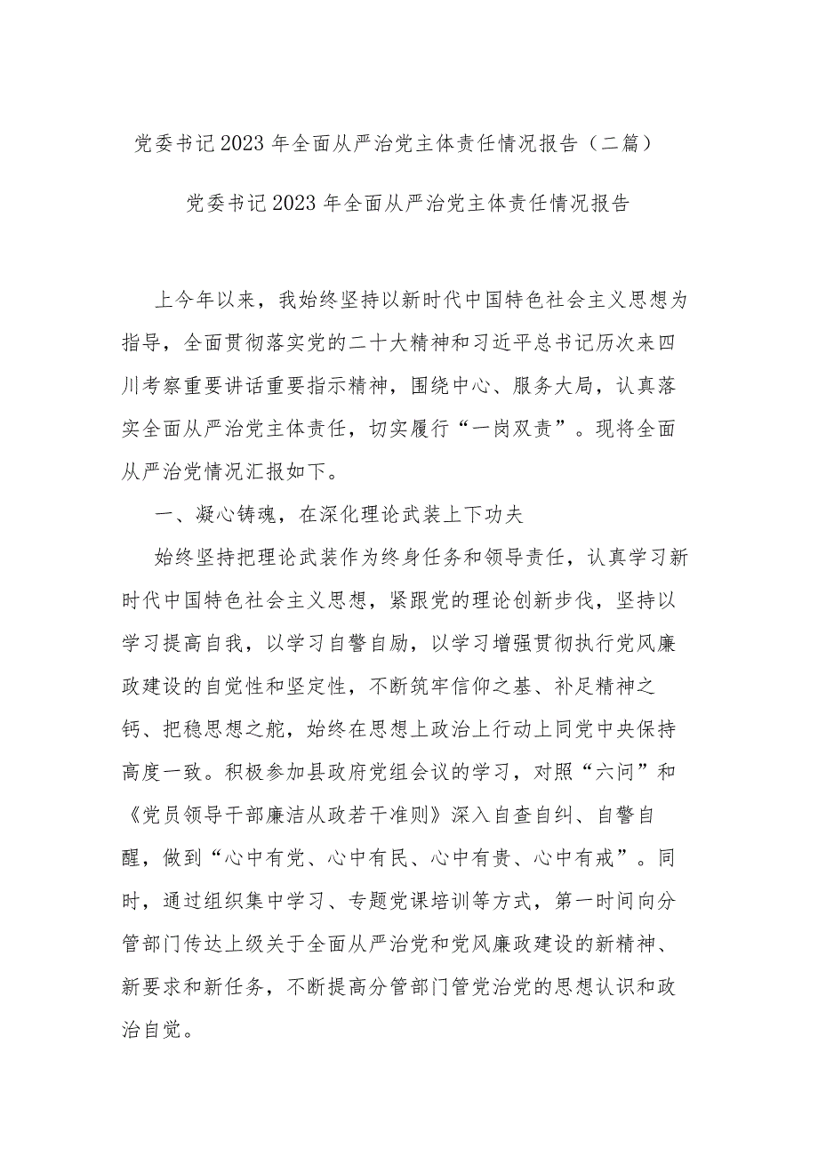 党委书记2023年全面从严治党主体责任情况报告(二篇).docx_第1页