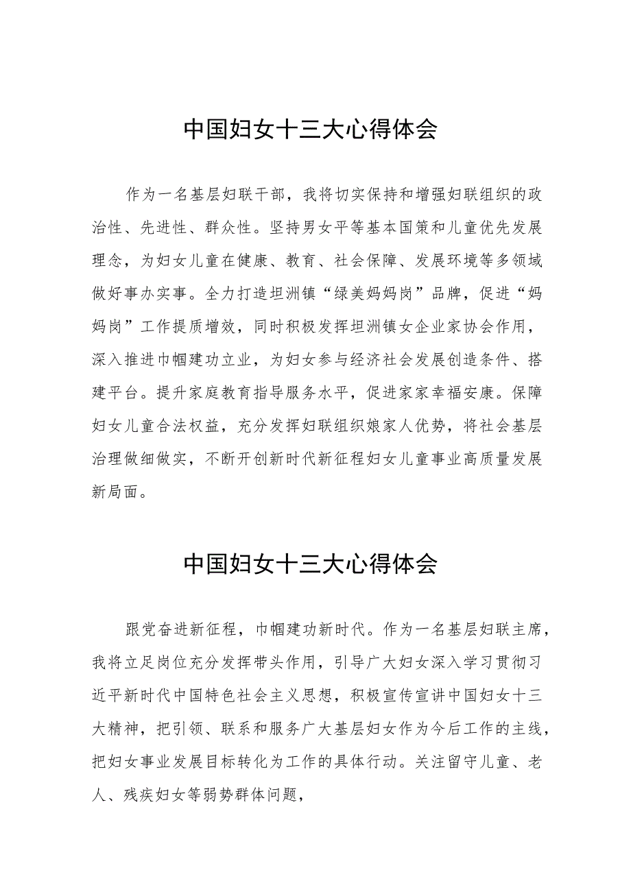 妇女干部学习中国妇女第十三次全国代表大会精神心得体会发言材料十八篇.docx_第1页