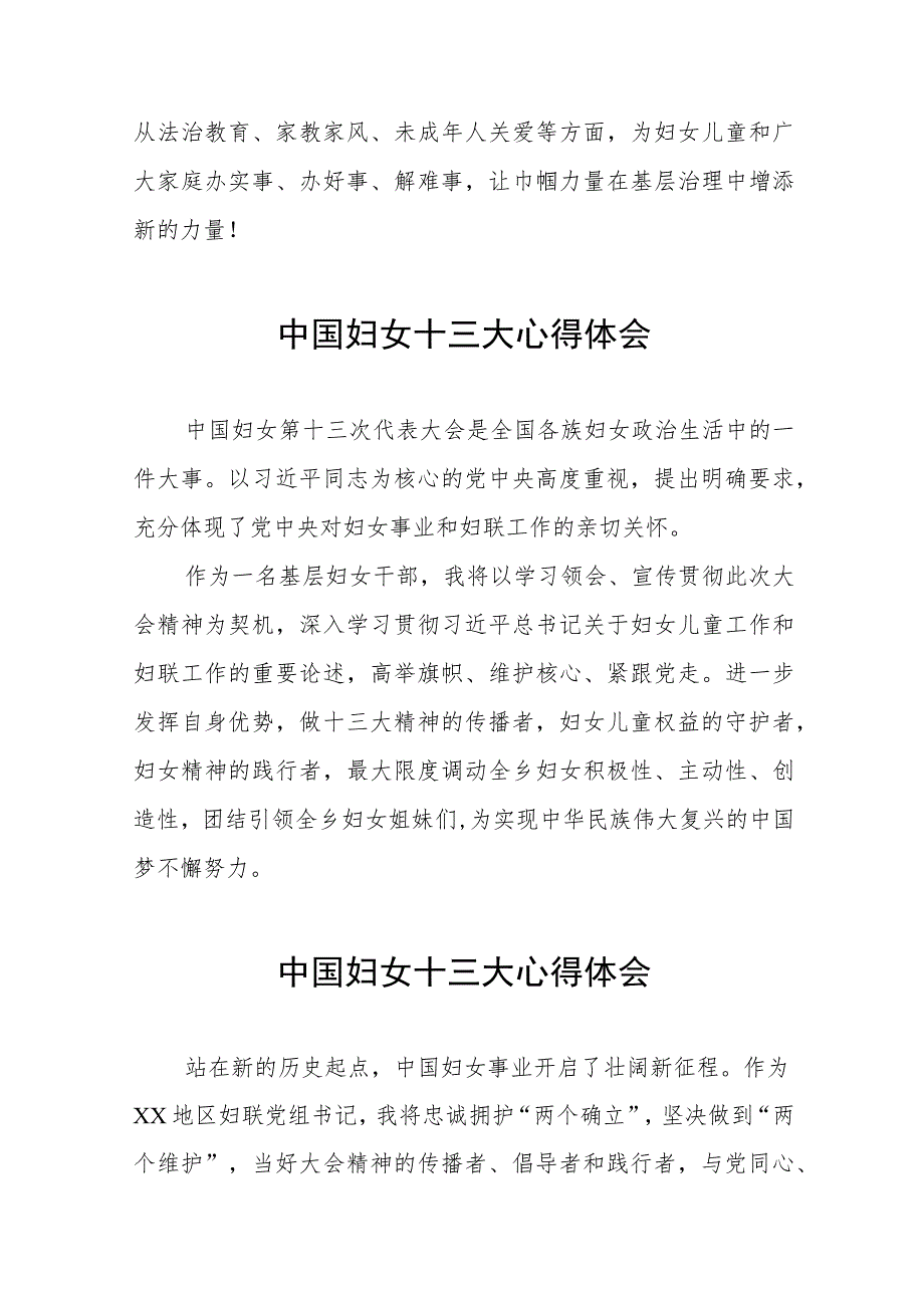 妇女干部学习中国妇女第十三次全国代表大会精神心得体会发言材料十八篇.docx_第2页