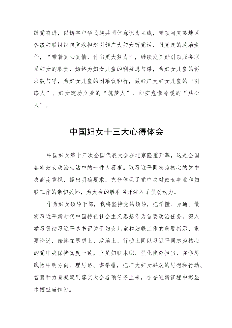 妇女干部学习中国妇女第十三次全国代表大会精神心得体会发言材料十八篇.docx_第3页