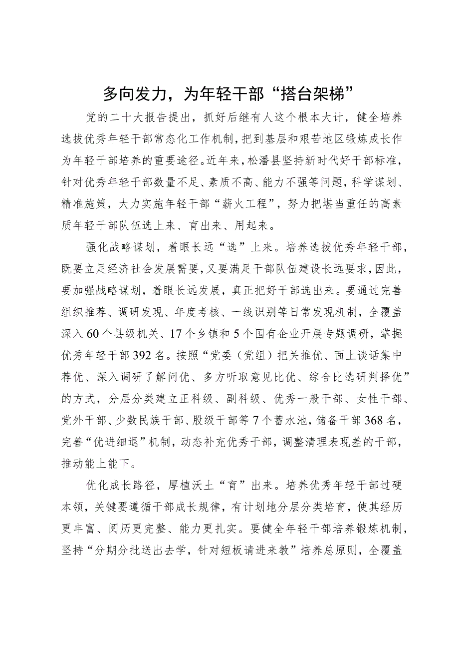 县委常委、组织部部长研讨材料：多向发力为年轻干部“搭台架梯”.docx_第1页