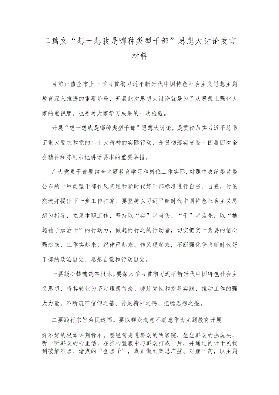 二篇文“想一想我是哪种类型干部”思想大讨论发言材料.docx_第1页