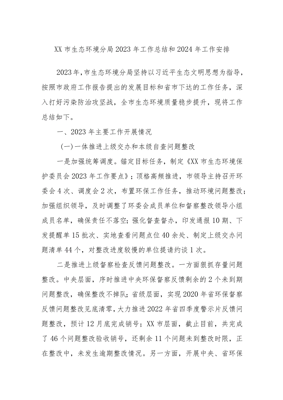 XX市生态环境分局2023年工作总结和2024年工作安排.docx_第1页