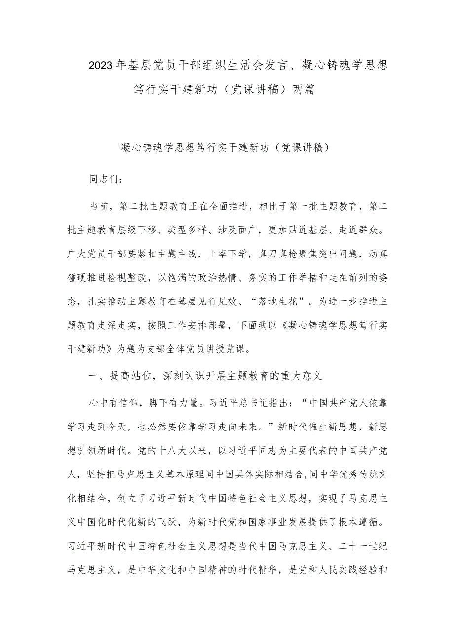 2023年基层党员干部组织生活会发言、凝心铸魂学思想 笃行实干建新功（党课讲稿）两篇.docx_第1页